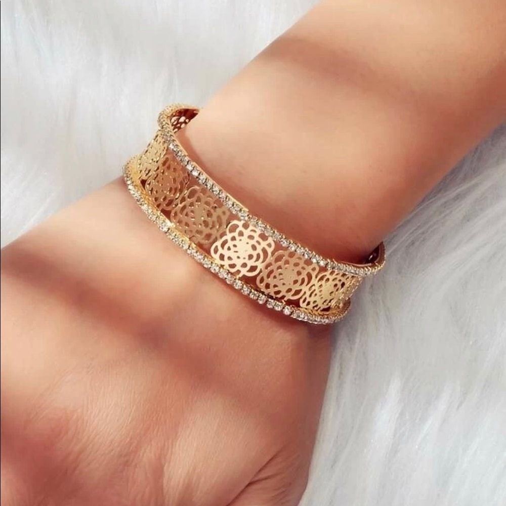 Gold Camellia Flower Rhinestone Cuff Bracelet